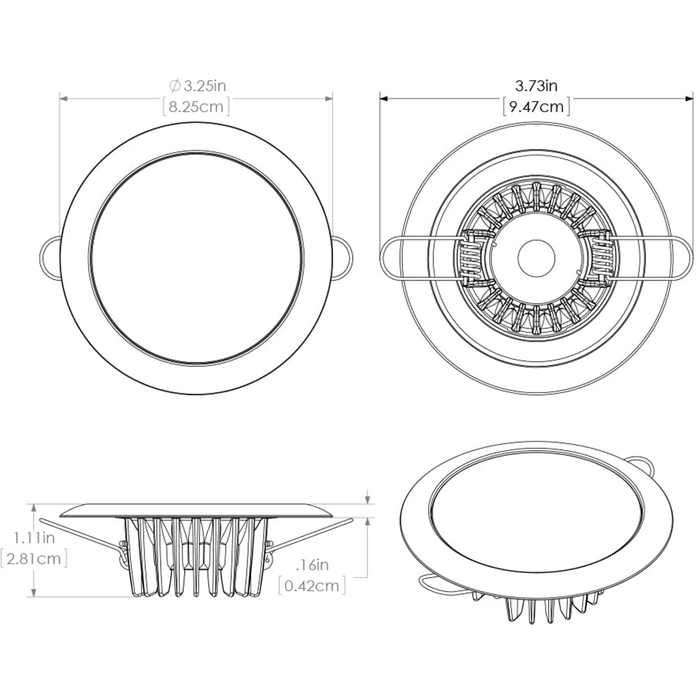 Round recessed light technical diagram with measurements.