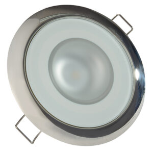 Round recessed ceiling light fixture, silver rim.