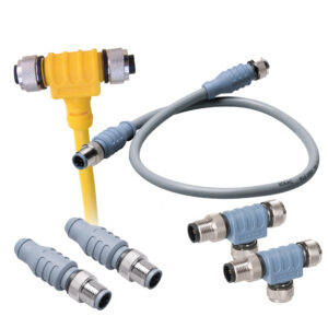 Industrial connectors and cables assortment on white background.