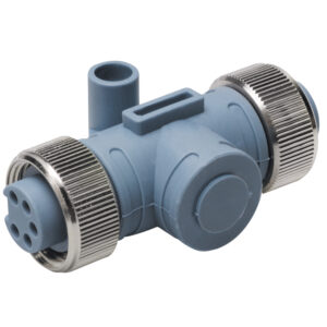 Blue industrial plastic valve with metal fittings.