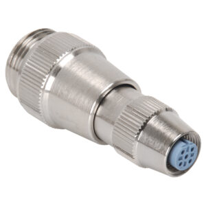 Metal electrical connector with blue contact end.