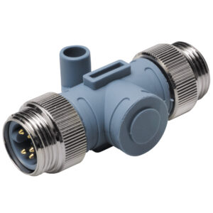 Industrial blue and silver T-connector
