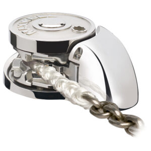 Stainless steel windlass with rope and chain.