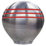 Metal spherical knob with red lines.