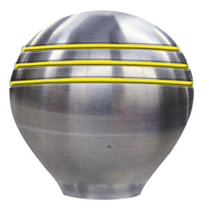 Stainless steel sphere with yellow stripes design.
