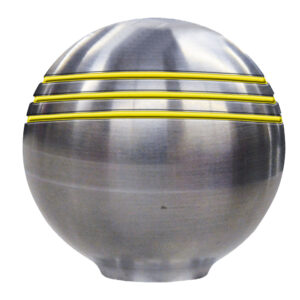 Metal sphere with yellow striped grooves