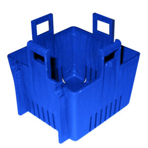 Blue plastic mounting bracket for electrical installations.