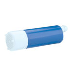 Blue and white cylindrical water filter cartridge.