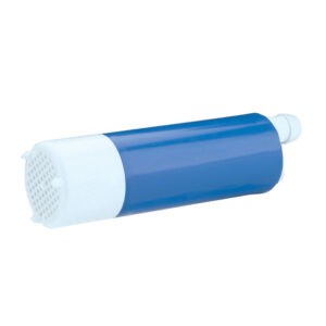 Blue and white cylindrical water filter cartridge.