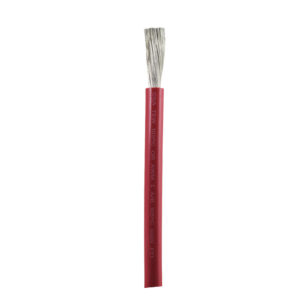 Red electrical cable with exposed copper wire.