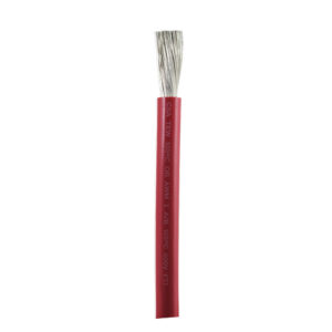 Red electrical wire with exposed metal strands.