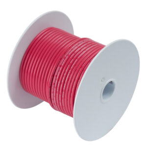 Red spool of electrical wire on white background