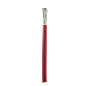 Red electrical wire with exposed metal strands.