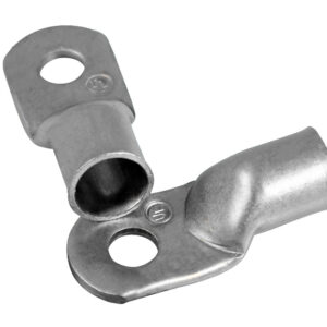 Close-up of metal cable lugs with holes