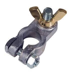 Battery terminal connector with wing nut.
