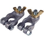 Pair of automotive battery terminal connectors.