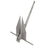 Aluminum boat anchor, fluke style, upright position.