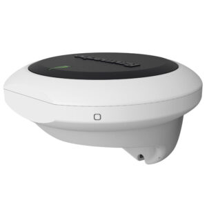 White digital thermostat with black control panel.