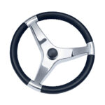 Metal and leather steering wheel with three spokes
