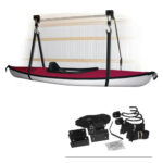 Red kayak storage hoist with mounting accessories.