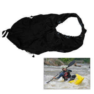 Black kayak spray skirt with paddling image.