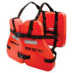 Red work vest flotation device with black straps.