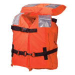 Orange life jacket with black straps and reflectors.