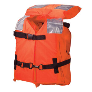 Orange life jacket with black straps and reflectors.