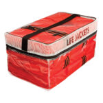 Red life jacket storage bag with clear cover