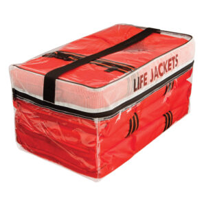 Red life jacket storage bag with clear cover