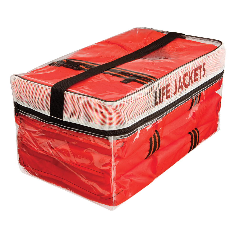 Red life jacket storage bag with clear cover