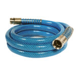 Coiled blue garden hose with metal connectors.