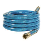 Coiled blue garden hose with metal fittings