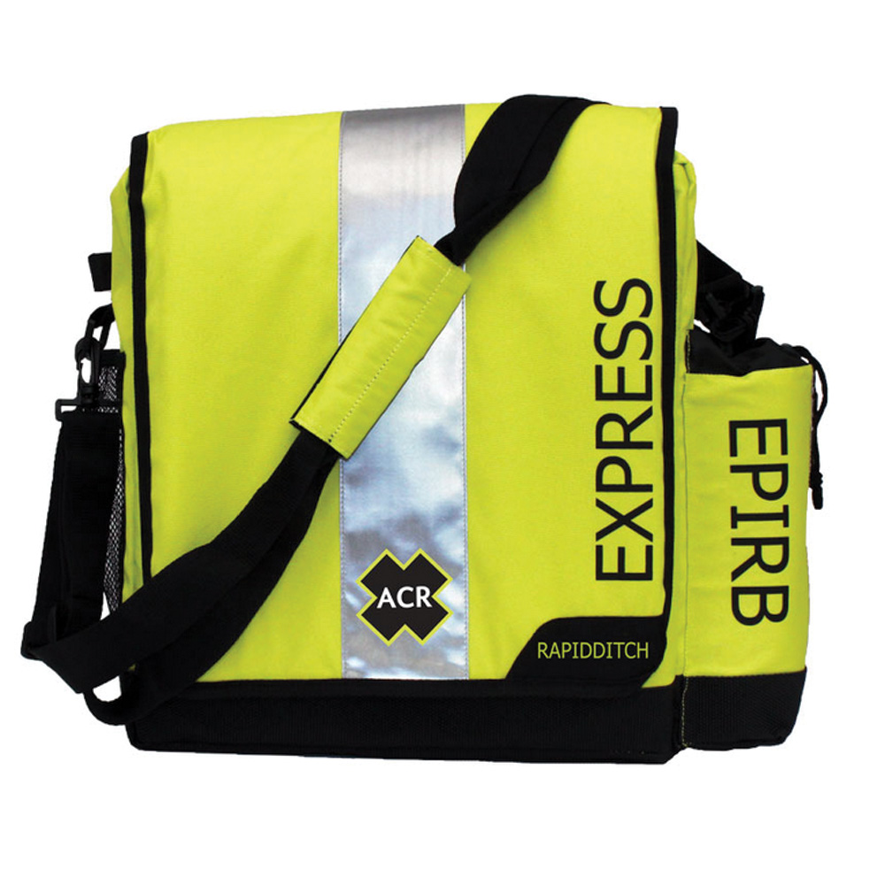 Yellow emergency bag with black strap and logo.