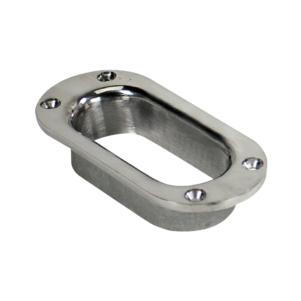 Stainless steel oval recessed handle with four screws.