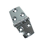 Chrome metal hinge with multiple holes.