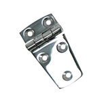 Stainless steel door hinge with four screw holes.