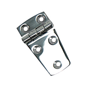 Stainless steel door hinge with four screw holes.