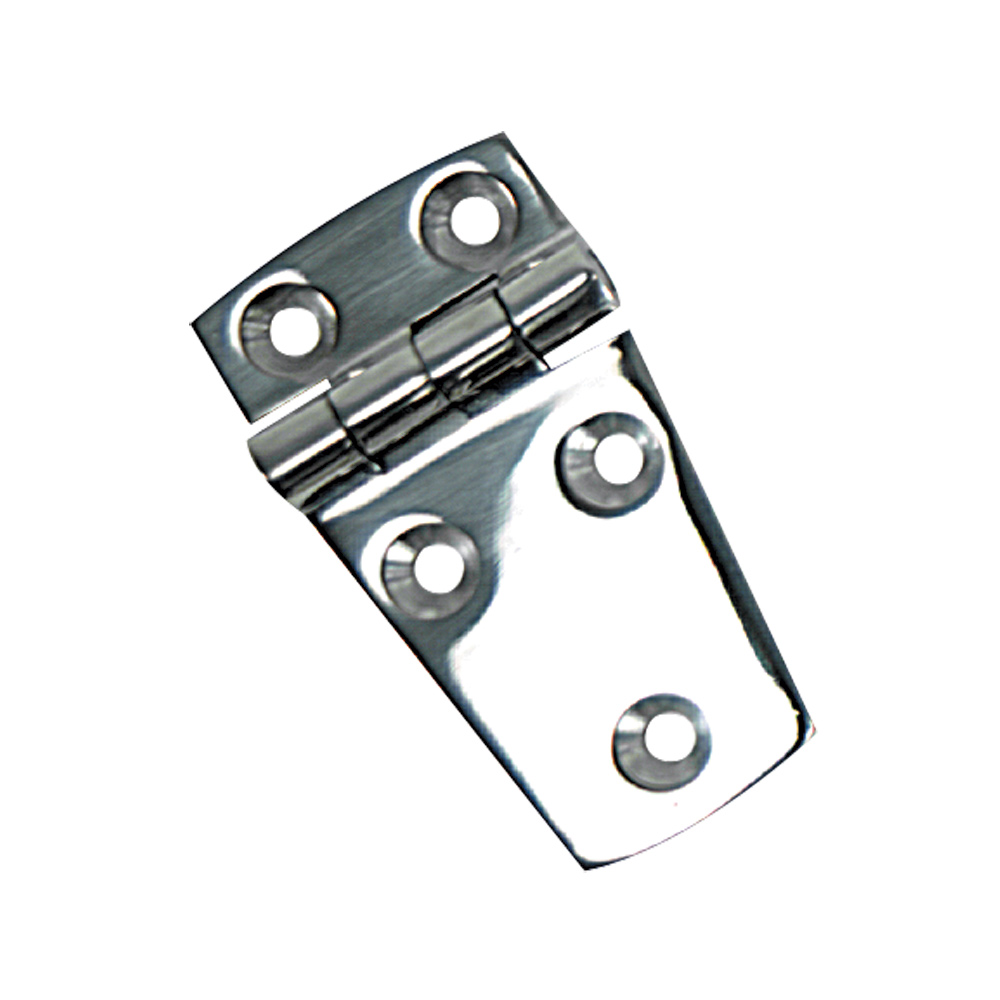 Stainless steel door hinge with four screw holes.