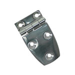 Stainless steel boat hinge with four holes.