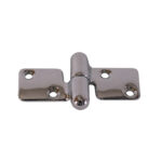 Chrome offset pivot hinge with four screw holes.