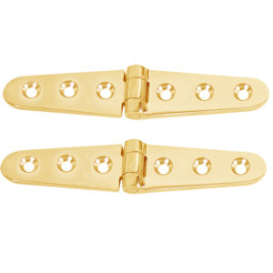 Two gold boat hinges with multiple screw holes.