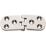 Silver metal hinge with four screw holes.