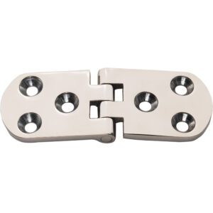 Silver metal hinge with four screw holes.