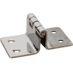 Chrome corner pivot hinge with mounting holes.