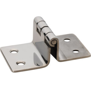 Chrome corner pivot hinge with mounting holes.