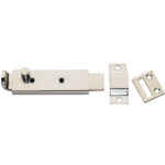 Stainless steel door latch and strike plates.