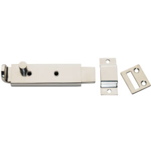 Stainless steel door latch and strike plates.