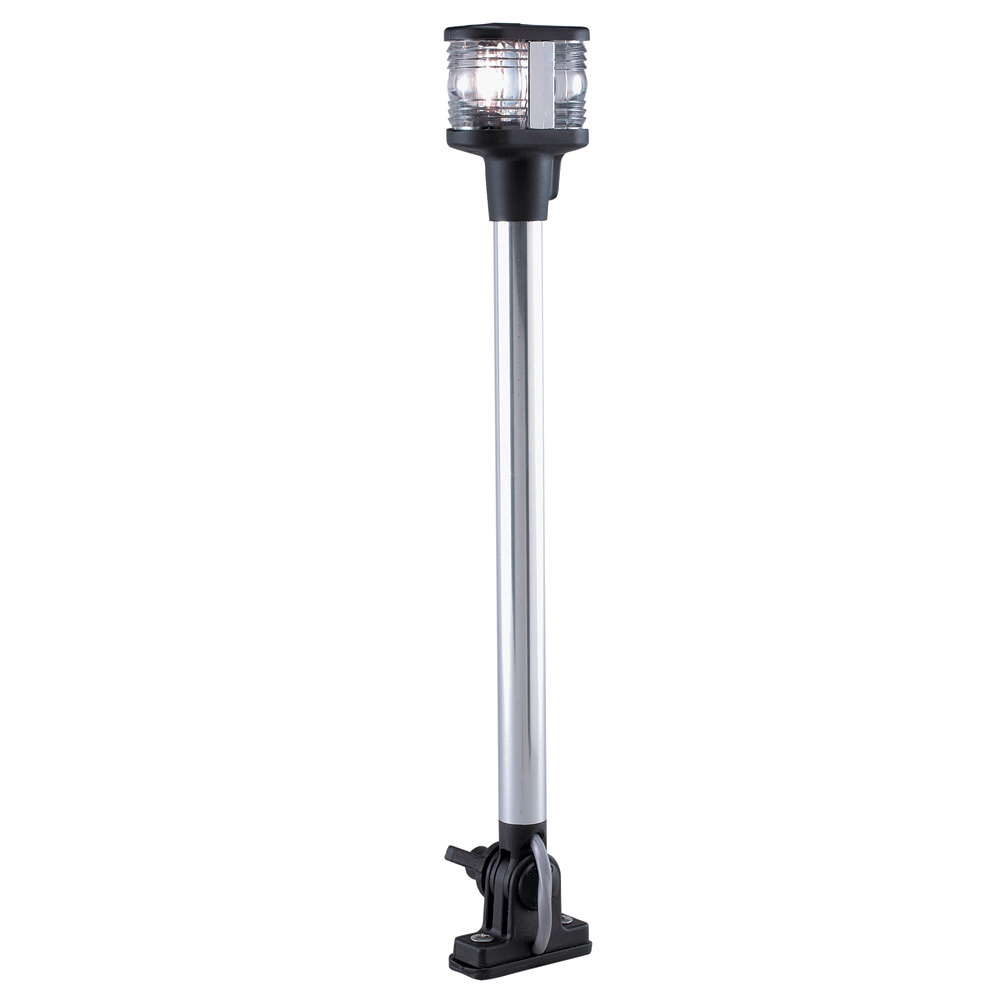 Marine navigation light pole, black and silver design.