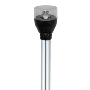 Adjustable LED pole light with black and silver design.